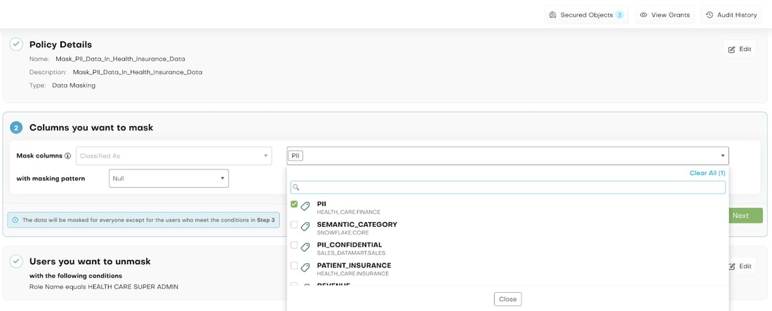 In this example the healthcare data policy uses the Alation tag